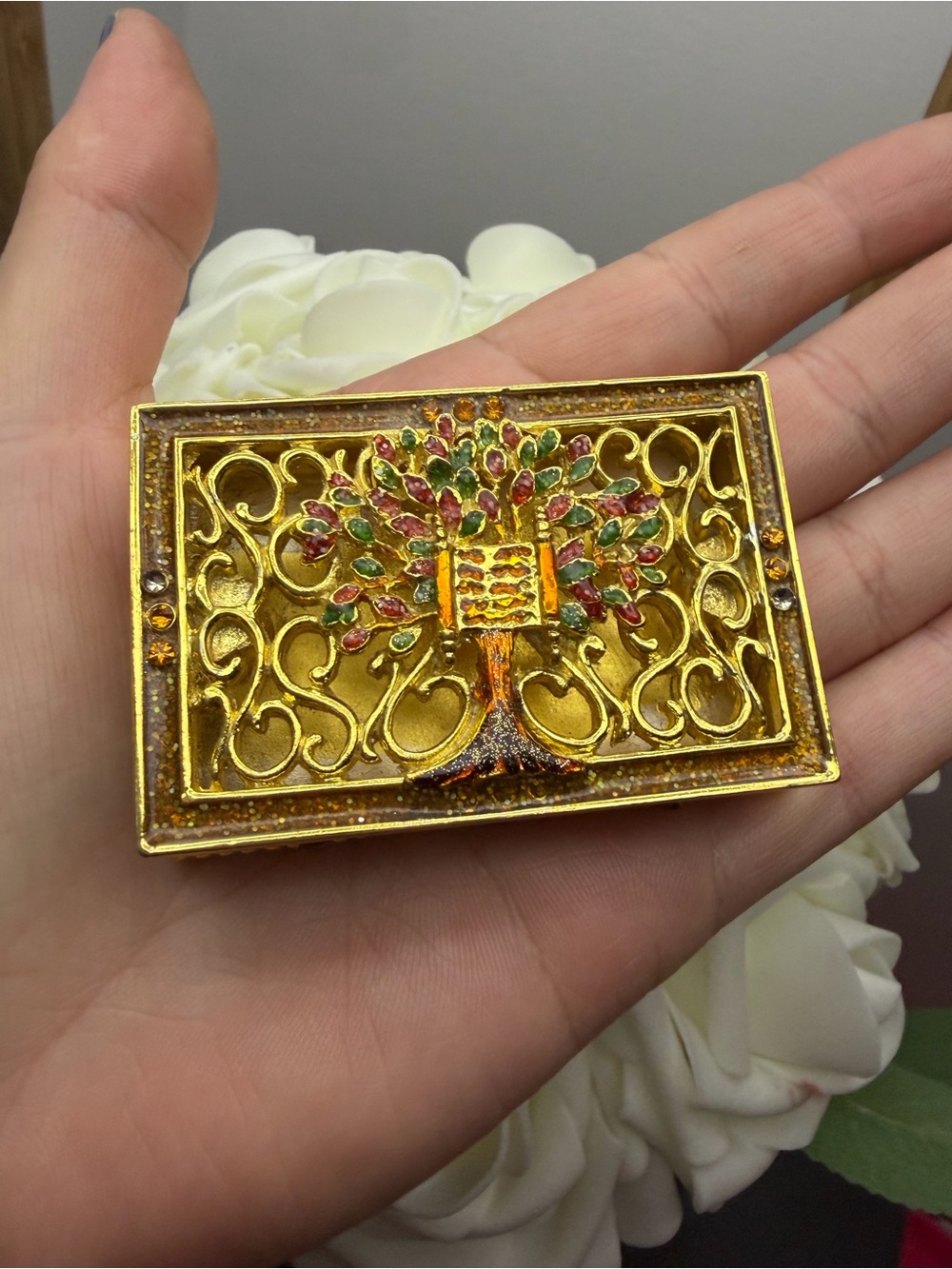 Gold Tree of Life Rectangular jewelrybox with Multicolor Accents